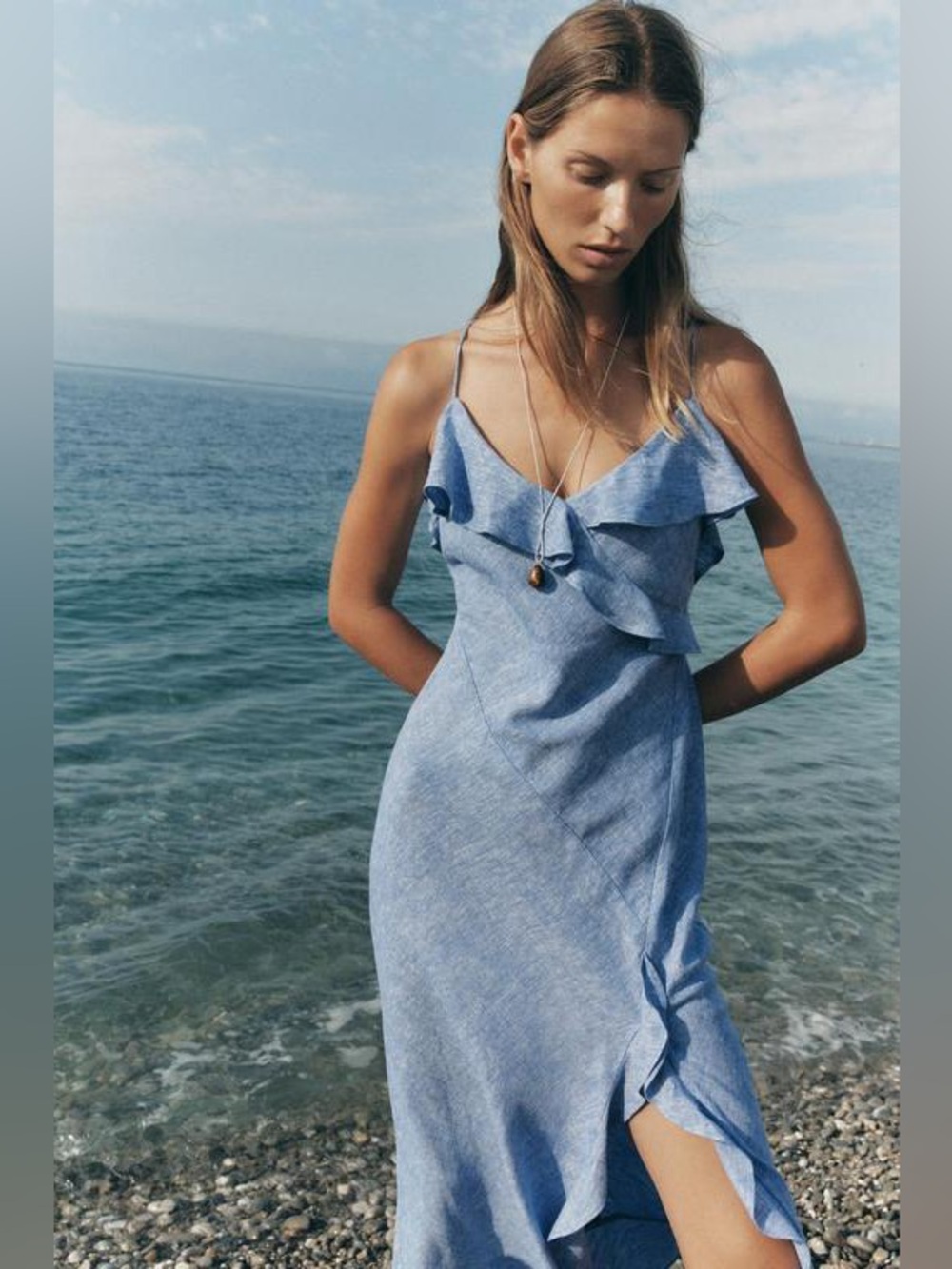 Zara Light Blue Linen-blend Ruffle-Detail Maxi Slip Dress